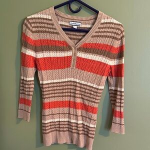 Casual Corner V-Neck Sweater - Orange, Brown, and Cream Stripes